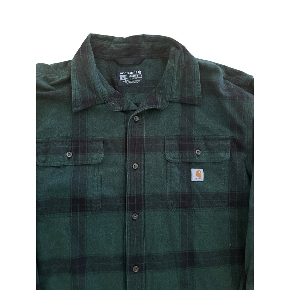 Carhartt Shirt Mens XL Green Plaid Loose Fit Button Up Flannel Workwear Pockets - Picture 3 of 7